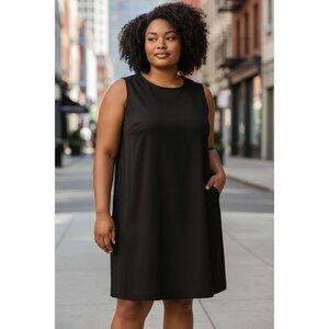 Preston & York Black Sleeveless Shift Dress W/ Front Pockets Size 16 Linen Blend